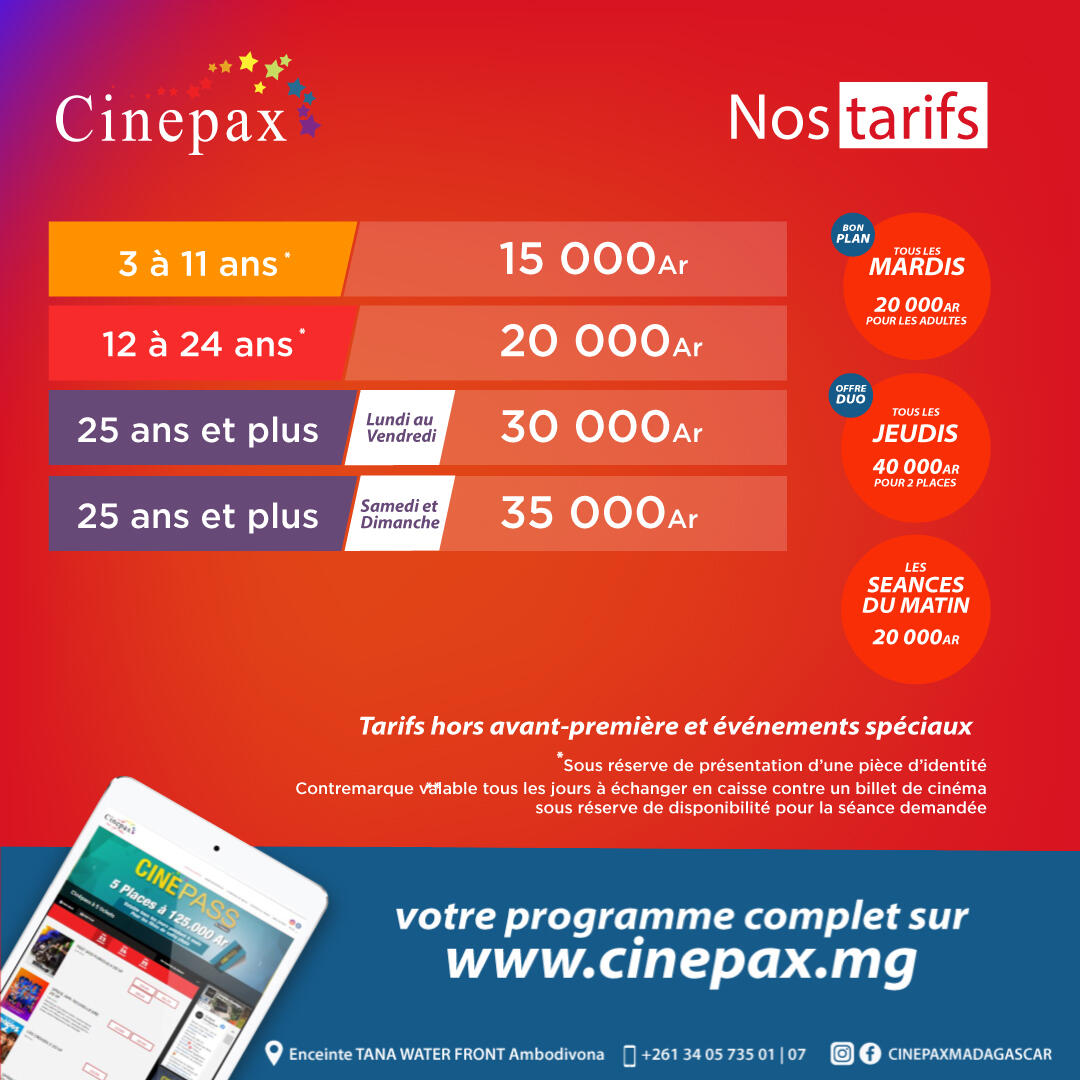 Grille tarifaire Cinepax Madagascar